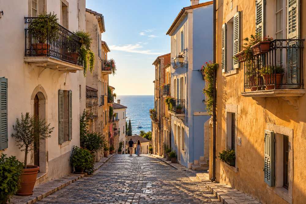 Rue pavée en pente bordée d'immeubles anciens aux façades claires et aux balcons fleuris, la mer au bout de la rue