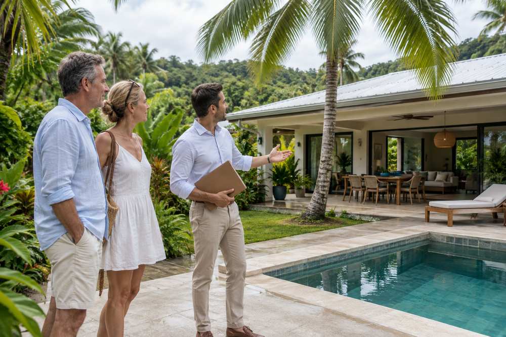 Agent immobilier présentant une villa avec piscine sous les palmiers à un couple d'une cinquantaine d'années