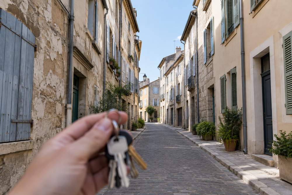 Main tenant un trousseau de clés au premier plan d'une rue pavée bordée d'immeubles anciens aux volets en bois, certaines façades à l'enduit écaillé