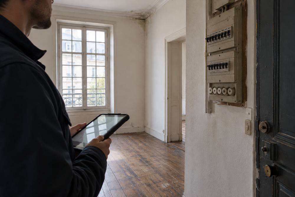 Personne tenant une tablette devant un tableau électrique ancien, dans un appartement vide au parquet usé, avec des traces d'humidité au plafond